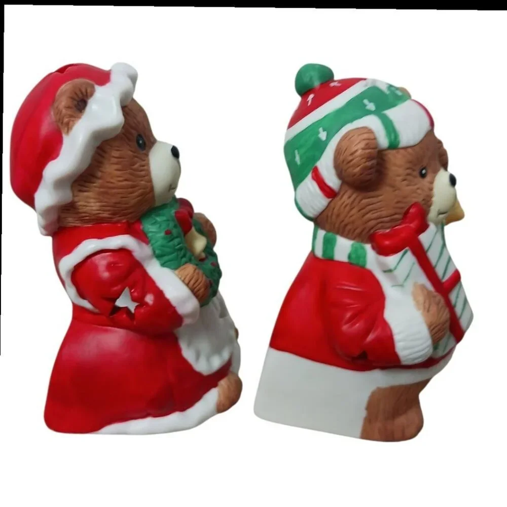 Vintage Christmas Bear Candle Holders Festive Holiday Decor Ceramic Multicolor